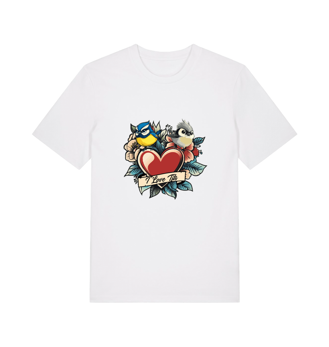 white funny offensive t-shirt with the graphic of some garden birds and the slogan 'i love tits'