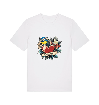 white funny offensive t-shirt with the graphic of some garden birds and the slogan 'i love tits'
