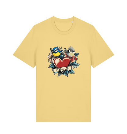 yellow funny offensive t-shirt with the graphic of some garden birds and the slogan 'i love tits'