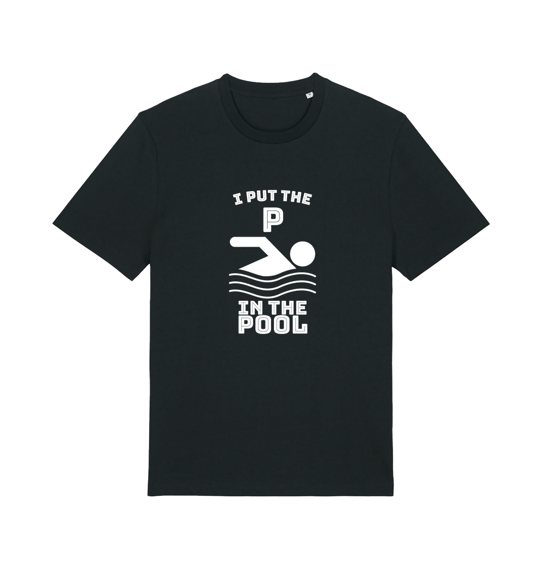 black funny offensive t-shirt with the slogan 'i put the p in pool'