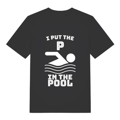 Black I Put The P funny graphic t-shirt with white swimming icon and bold “I PUT THE P IN THE POOL” rude slogan  