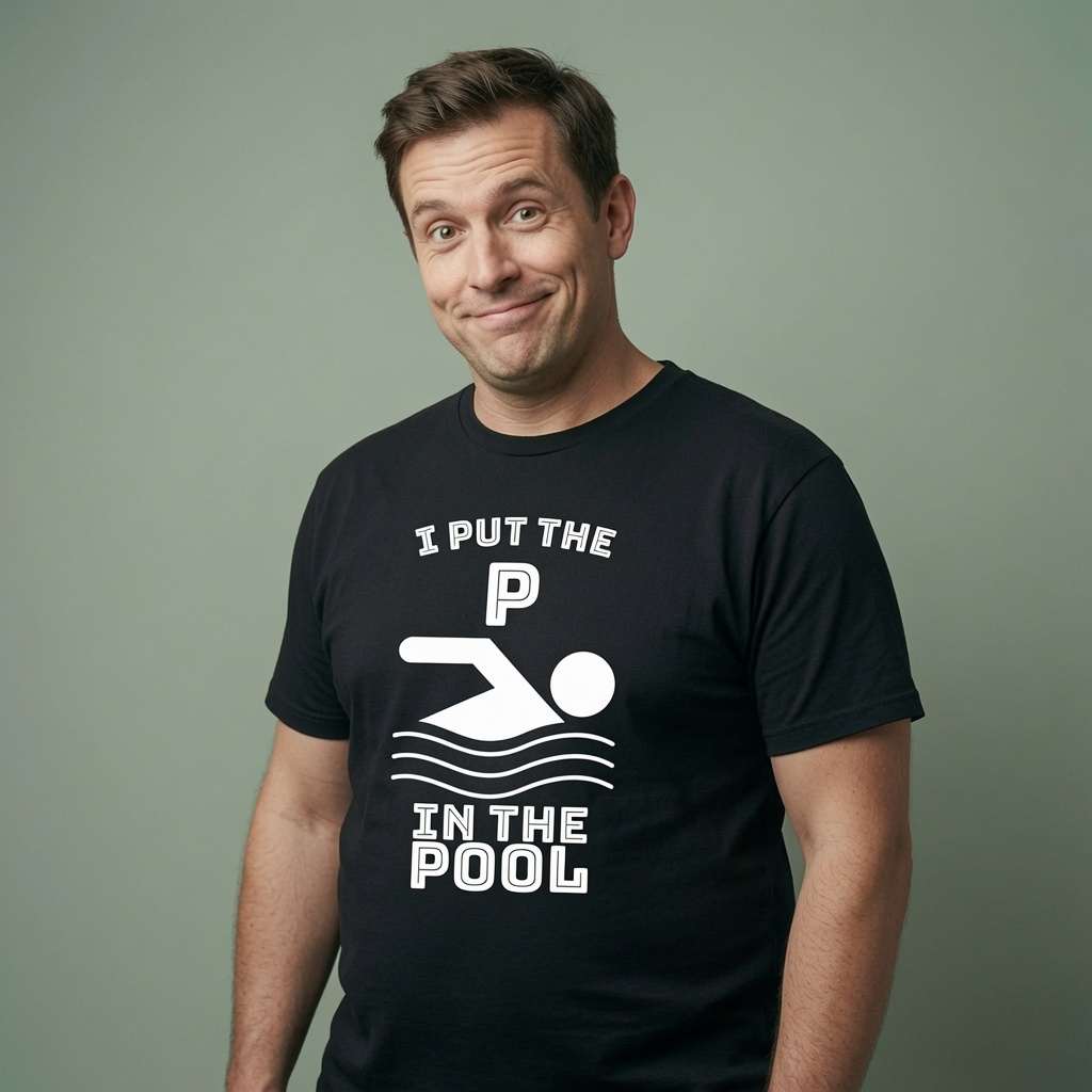 Man with raised eyebrow in black I Put the P in the Pool tee, funny witty dad joke slogan