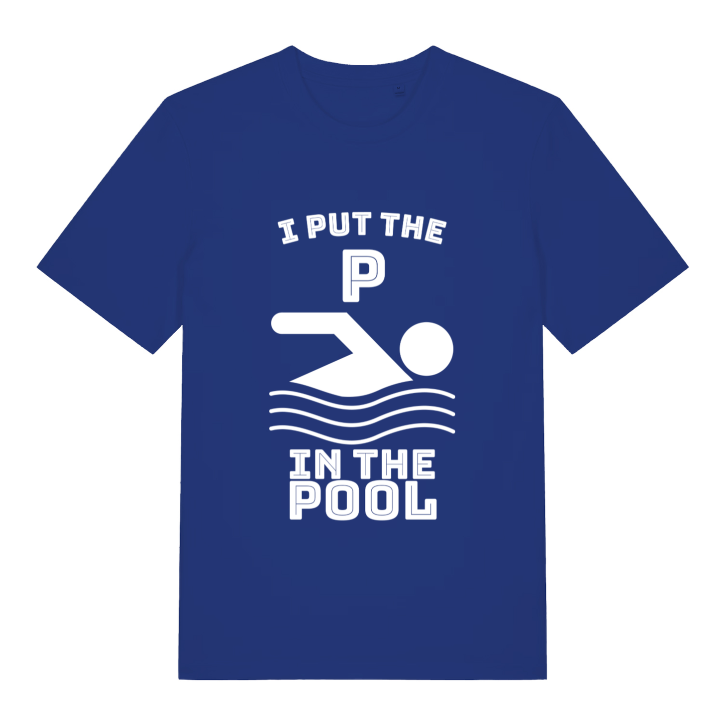 Blue I Put The P funny graphic t-shirt featuring cheeky swimmer graphic and “I PUT THE P IN THE POOL” text  