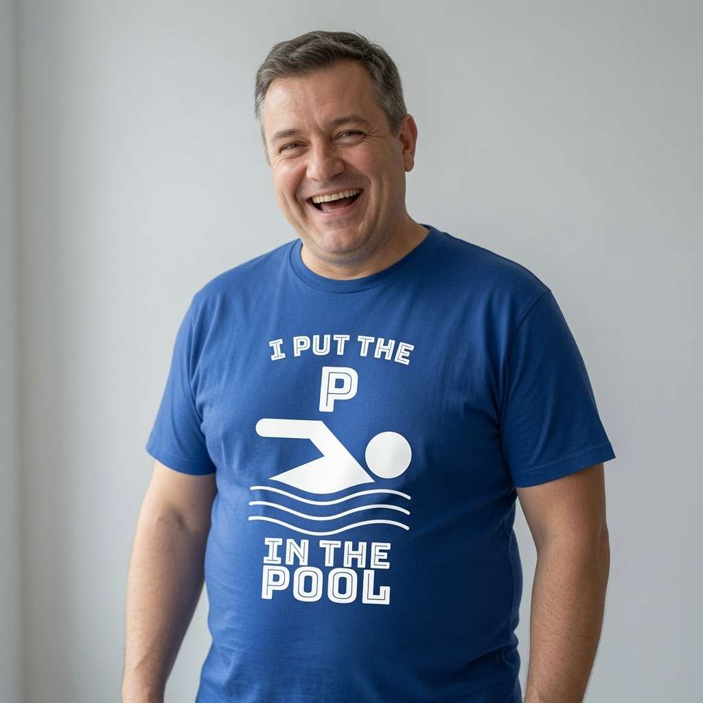 Man laughing in blue I Put the P in the Pool t-shirt, mens funny witty rude slogan