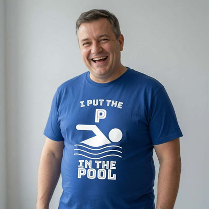 Man laughing in blue I Put the P in the Pool t-shirt, mens funny witty rude slogan