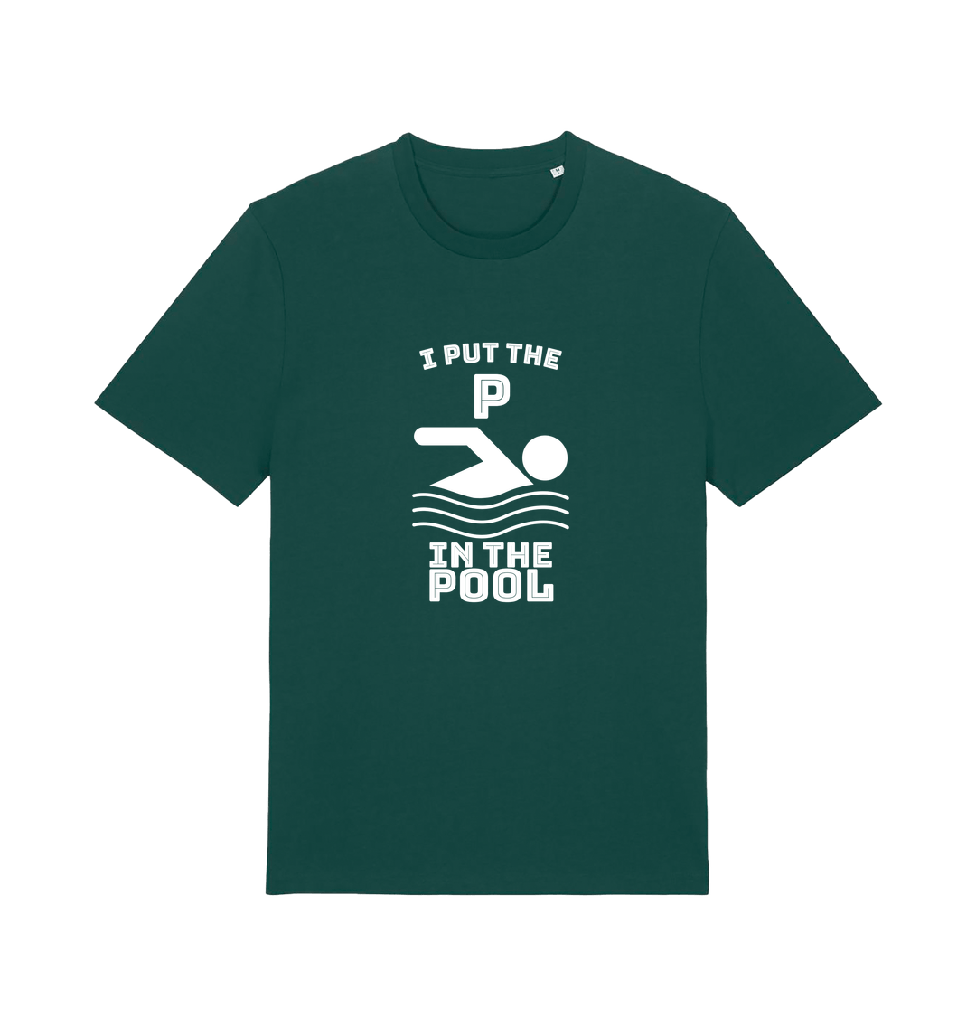 green funny offensive t-shirt with the slogan 'i put the p in pool'