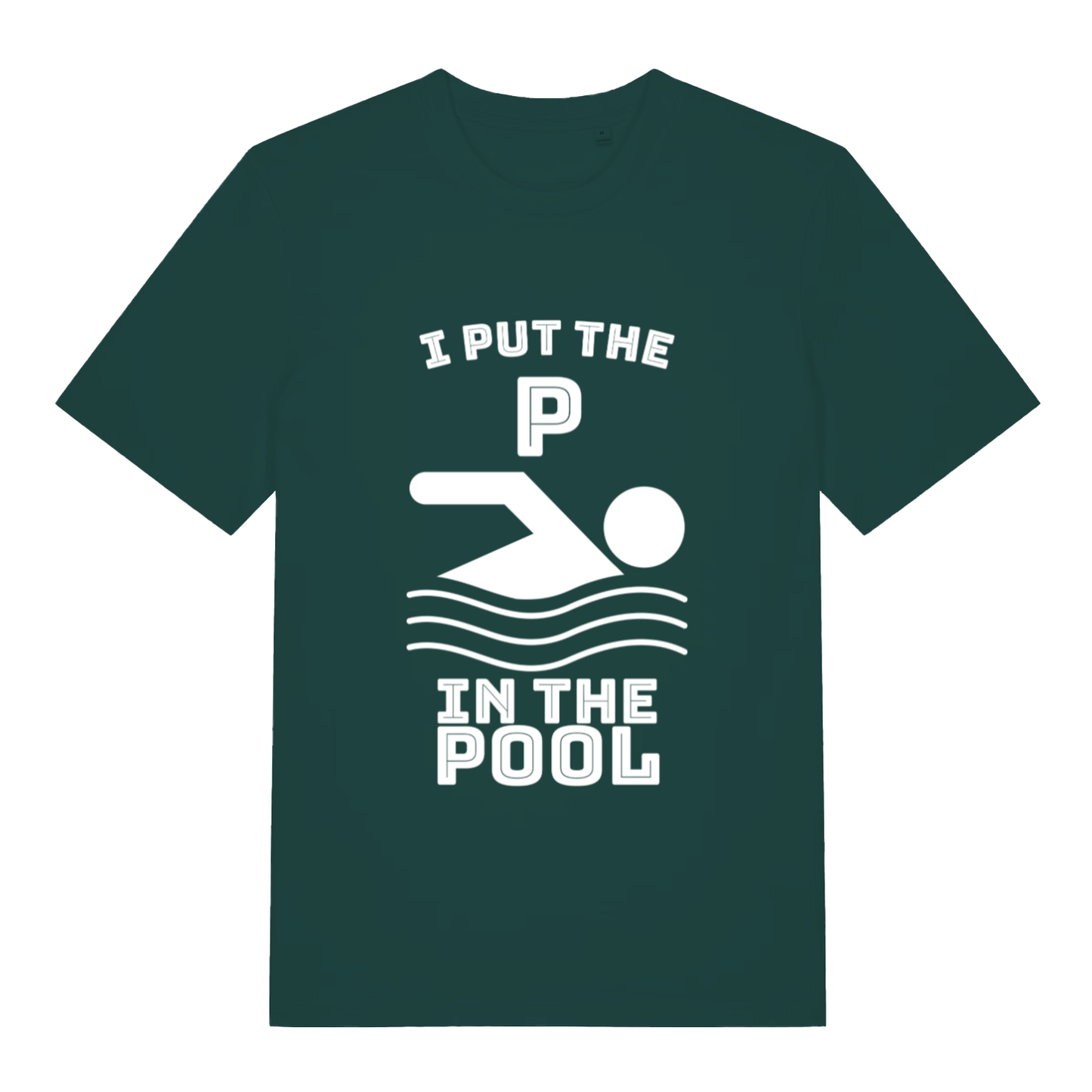 Green I Put The P funny graphic t-shirt showing swimming figure and witty “I PUT THE P IN THE POOL” lettering  