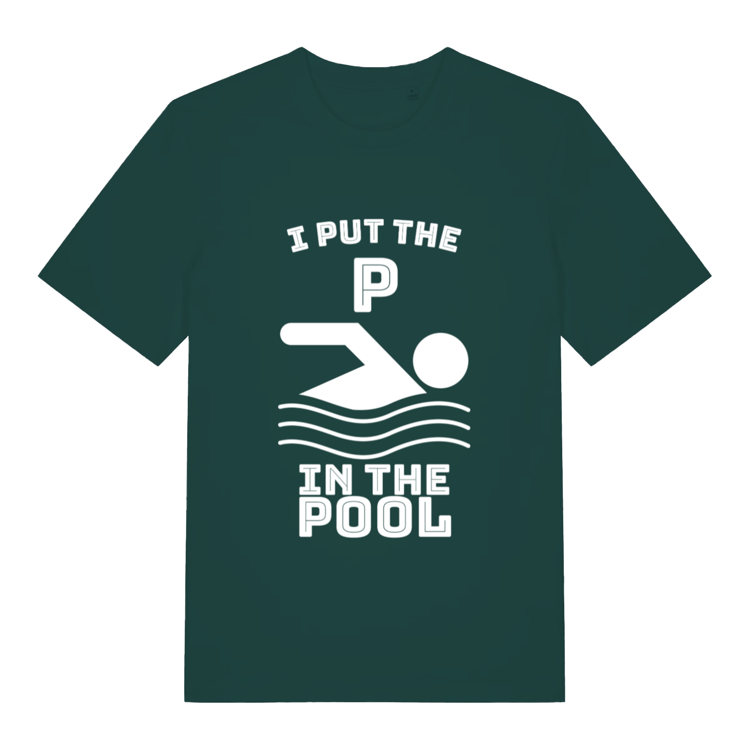 Green I Put The P funny graphic t-shirt showing swimming figure and witty “I PUT THE P IN THE POOL” lettering  