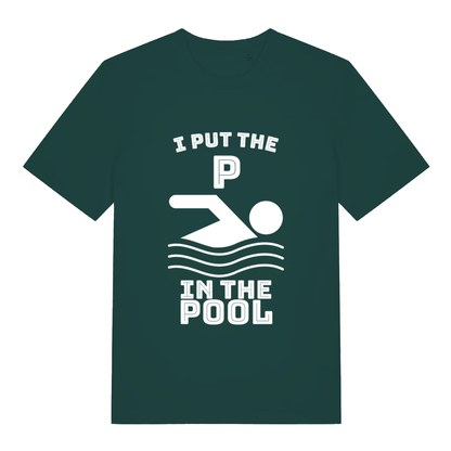 Green I Put The P funny graphic t-shirt showing swimming figure and witty “I PUT THE P IN THE POOL” lettering  
