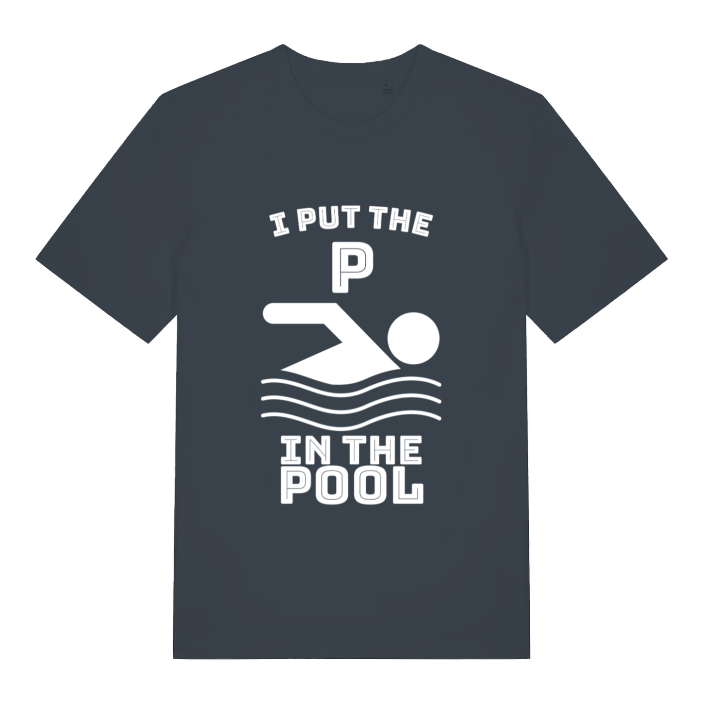 Ink grey I Put The P funny graphic t-shirt with bold white “I PUT THE P IN THE POOL” design and swimmer icon  