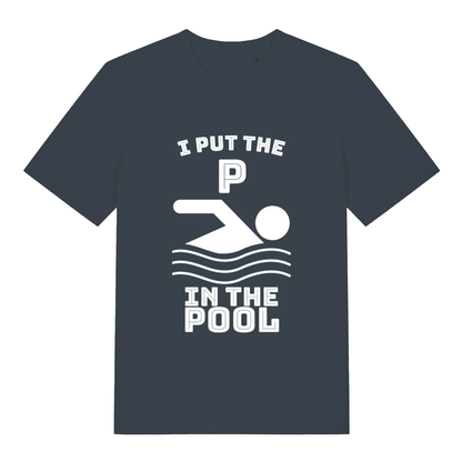 Ink grey I Put The P funny graphic t-shirt with bold white “I PUT THE P IN THE POOL” design and swimmer icon  