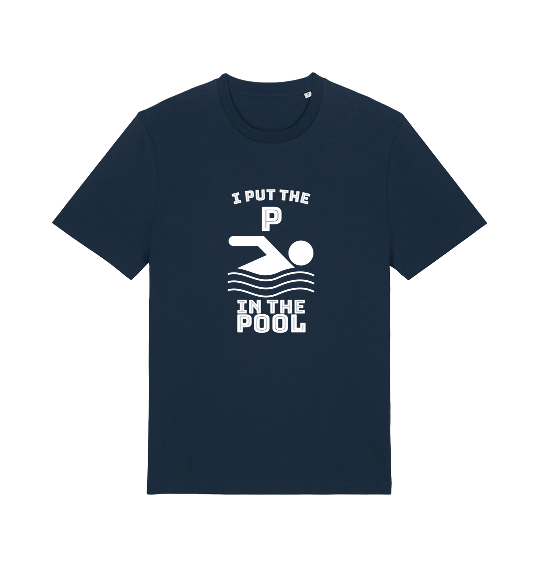 navy funny offensive t-shirt with the slogan 'i put the p in pool'