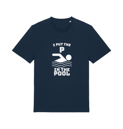navy funny offensive t-shirt with the slogan 'i put the p in pool'