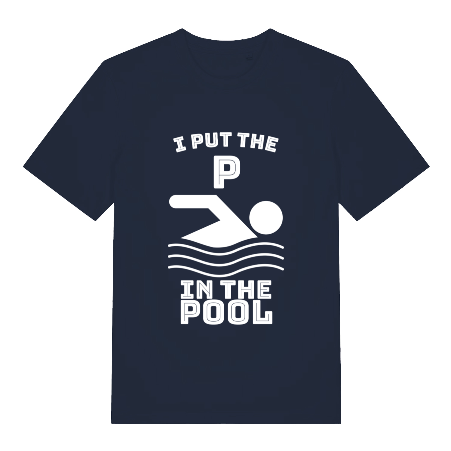 Navy I Put The P funny graphic t-shirt displaying clean swimming graphic and “I PUT THE P IN THE POOL” rude pun  
