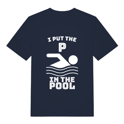 Navy I Put The P funny graphic t-shirt displaying clean swimming graphic and “I PUT THE P IN THE POOL” rude pun  