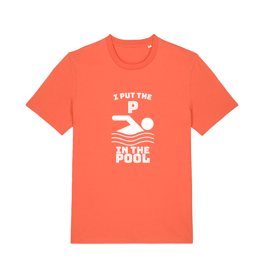 orange funny offensive t-shirt with the slogan 'i put the p in pool'