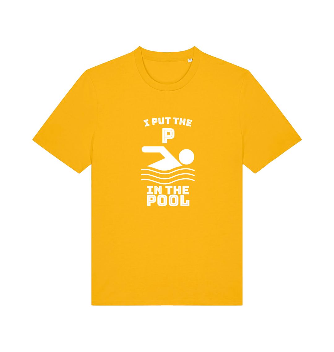yellow funny offensive t-shirt with the slogan 'i put the p in pool'