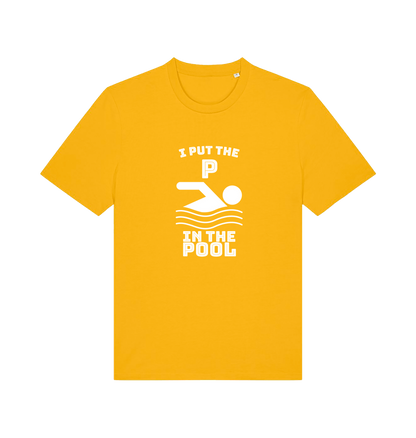 yellow funny offensive t-shirt with the slogan 'i put the p in pool'
