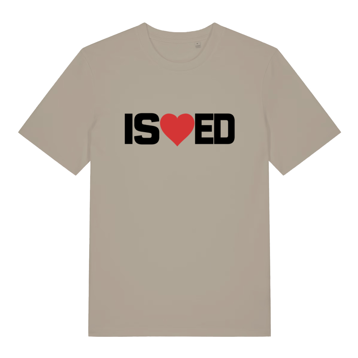 Beige I Sharted funny graphic t-shirt with bold black “IS heart ED” text and red heart, rude slogan design  