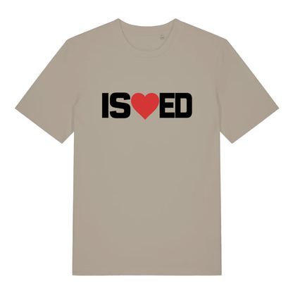 Beige I Sharted funny graphic t-shirt with bold black “IS heart ED” text and red heart, rude slogan design  
