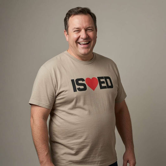 Man laughing in beige I ❤️ ED tee, mens funny witty rude relatable slogan