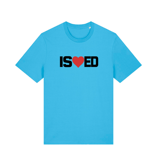 blue funny slogan t-shirt with a love heart in the middle of the letter 'I S E D' so that it reads 'i sharted'