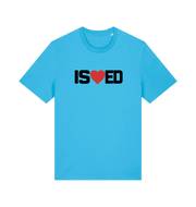 blue funny slogan t-shirt with a love heart in the middle of the letter 'I S E D' so that it reads 'i sharted'