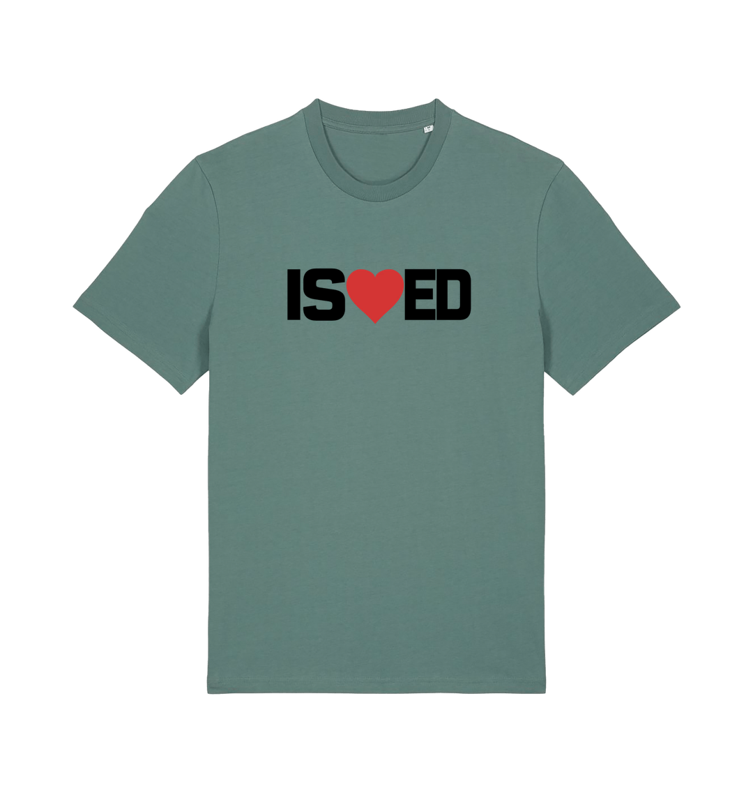green funny slogan t-shirt with a love heart in the middle of the letter 'I S E D' so that it reads 'i sharted'
