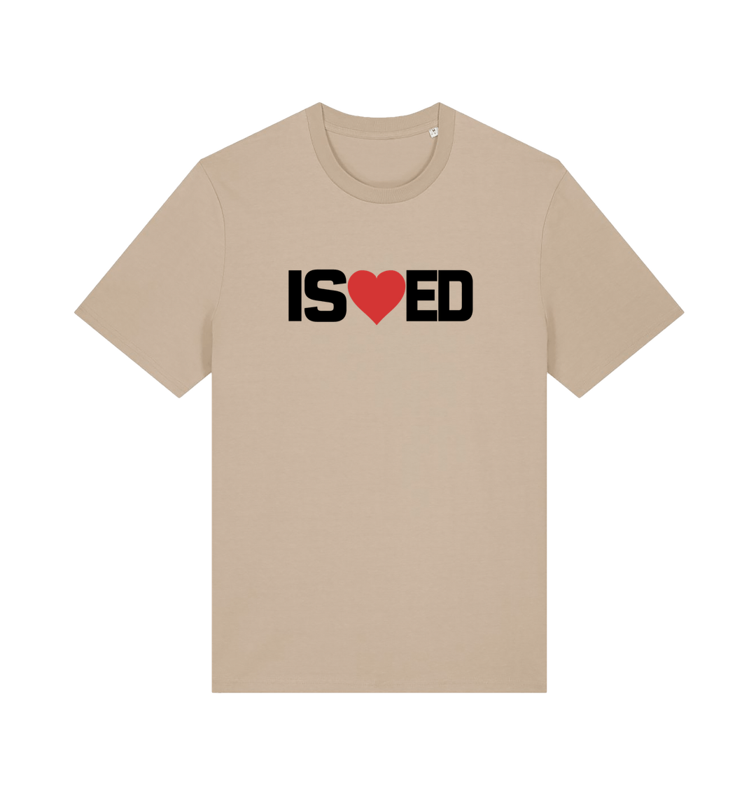 beige funny slogan t-shirt with a love heart in the middle of the letter 'I S E D' so that it reads 'i sharted'