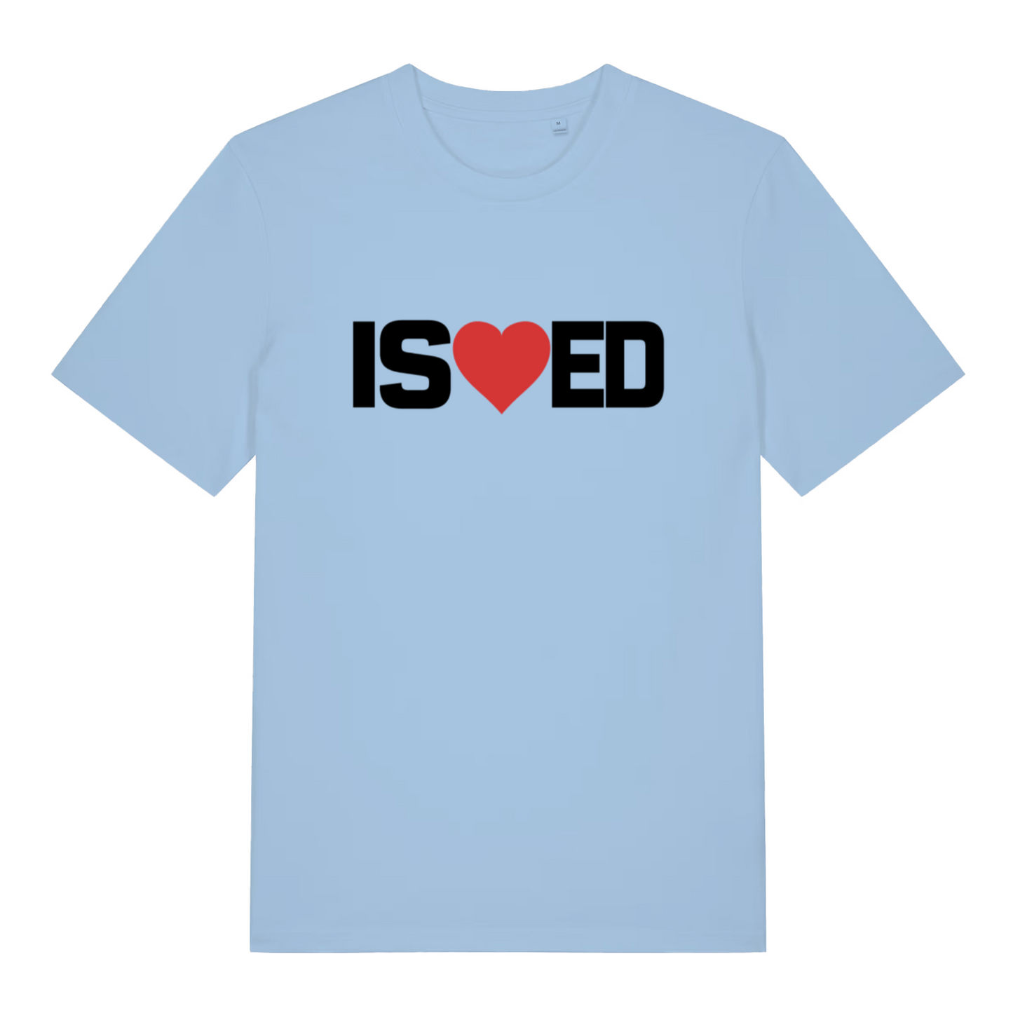 Sky blue I Sharted funny graphic t-shirt featuring “IS heart ED” lettering with red heart for cheeky banter  
