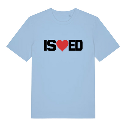 Sky blue I Sharted funny graphic t-shirt featuring “IS heart ED” lettering with red heart for cheeky banter  