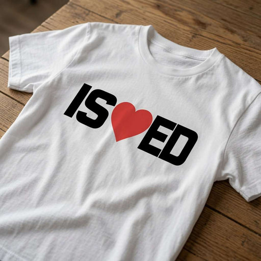 White I ❤️ ED t-shirt on wood with heart design, funny mens relatable rude slogan