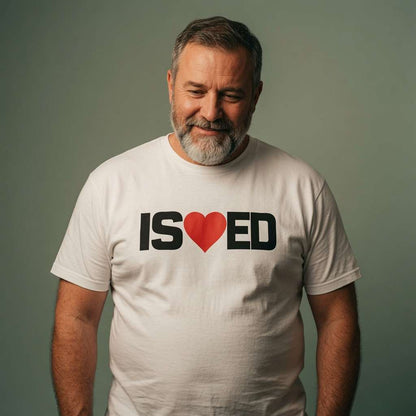 Bearded man looking down smiling in white I ❤️ ED t-shirt, funny mens rude dad joke slogan