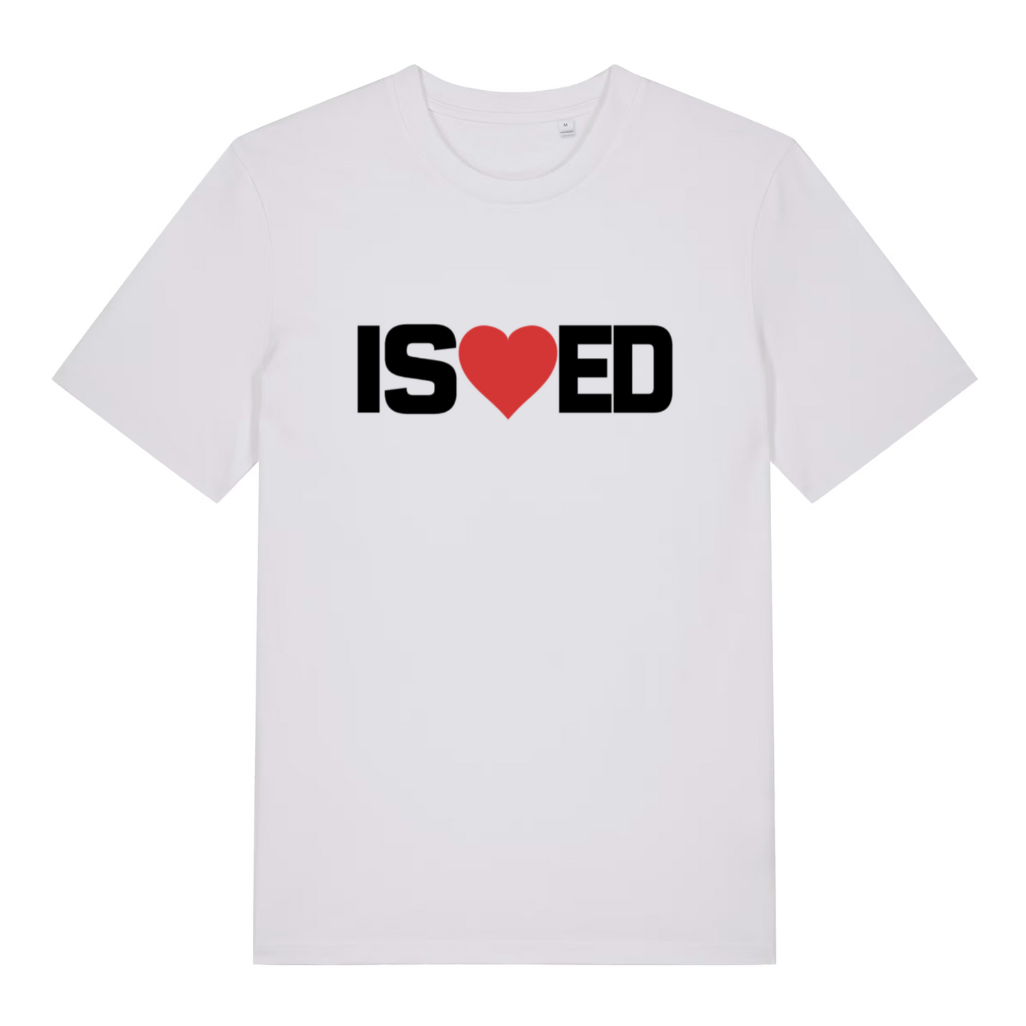 White I Sharted funny graphic t-shirt showing clean “IS heart ED” slogan with red heart on soft fabric  