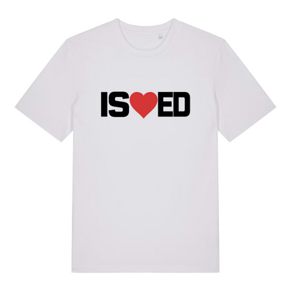 White I Sharted funny graphic t-shirt showing clean “IS heart ED” slogan with red heart on soft fabric  