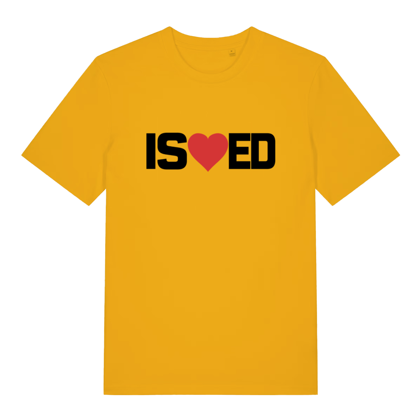 Yellow I Sharted funny graphic t-shirt with striking “IS heart ED” text and red heart rude pun design  