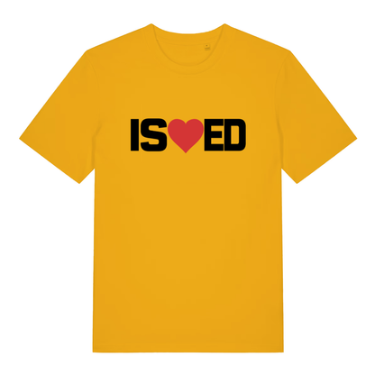 Yellow I Sharted funny graphic t-shirt with striking “IS heart ED” text and red heart rude pun design  