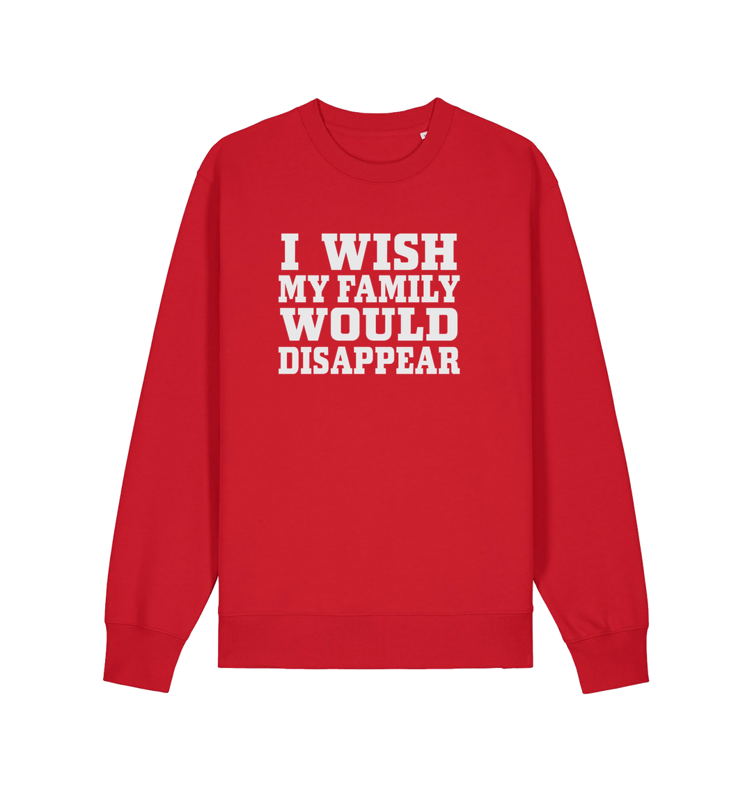 red christmas sweater with the slogan 'i wish my family would disappear'