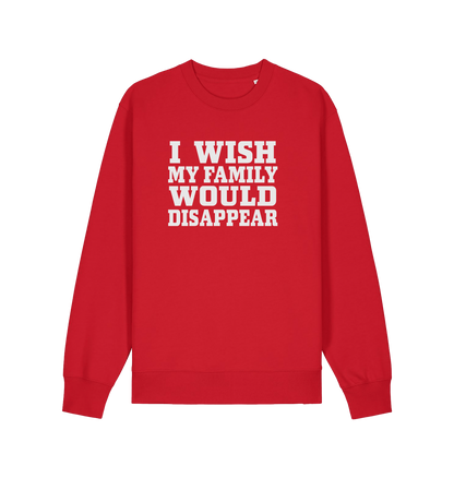 red christmas sweater with the slogan 'i wish my family would disappear'