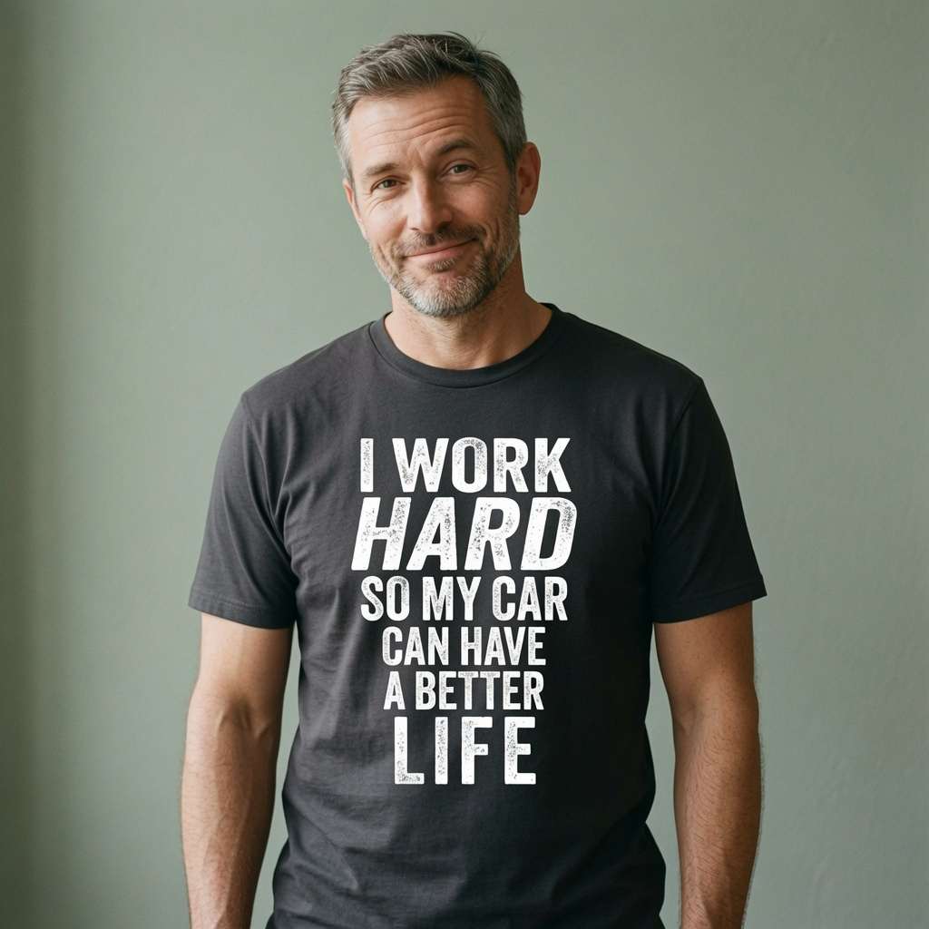 Grey-haired man smiling in black I Work Hard So My Car Can Have a Better Life tee, fun witty mens petrolhead car slogan