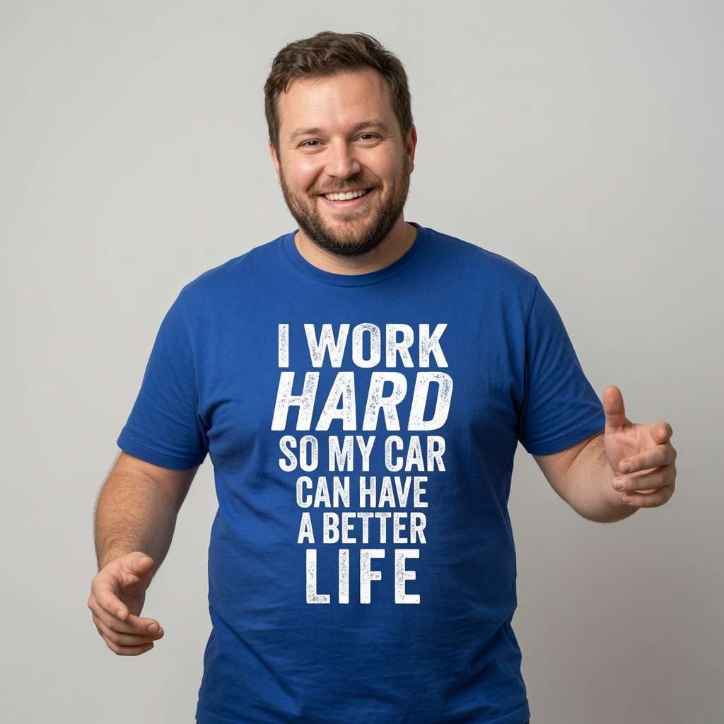 Bearded man smiling and gesturing in blue I Work Hard So My Car Can Have a Better Life t-shirt, mens funny petrolhead car slogan