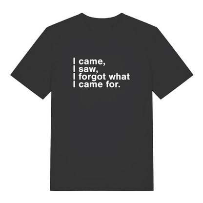 black funny slogan t-shirt with the text 'i came, i saw, i forgot what i came for'