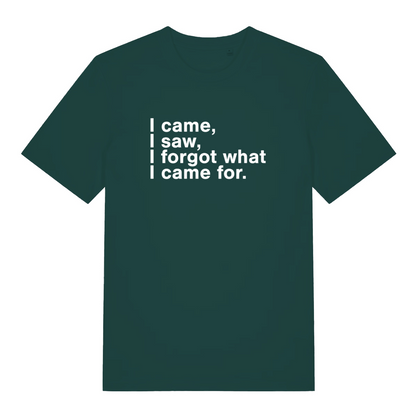 green funny slogan t-shirt with the text 'i came, i saw, i forgot what i came for'