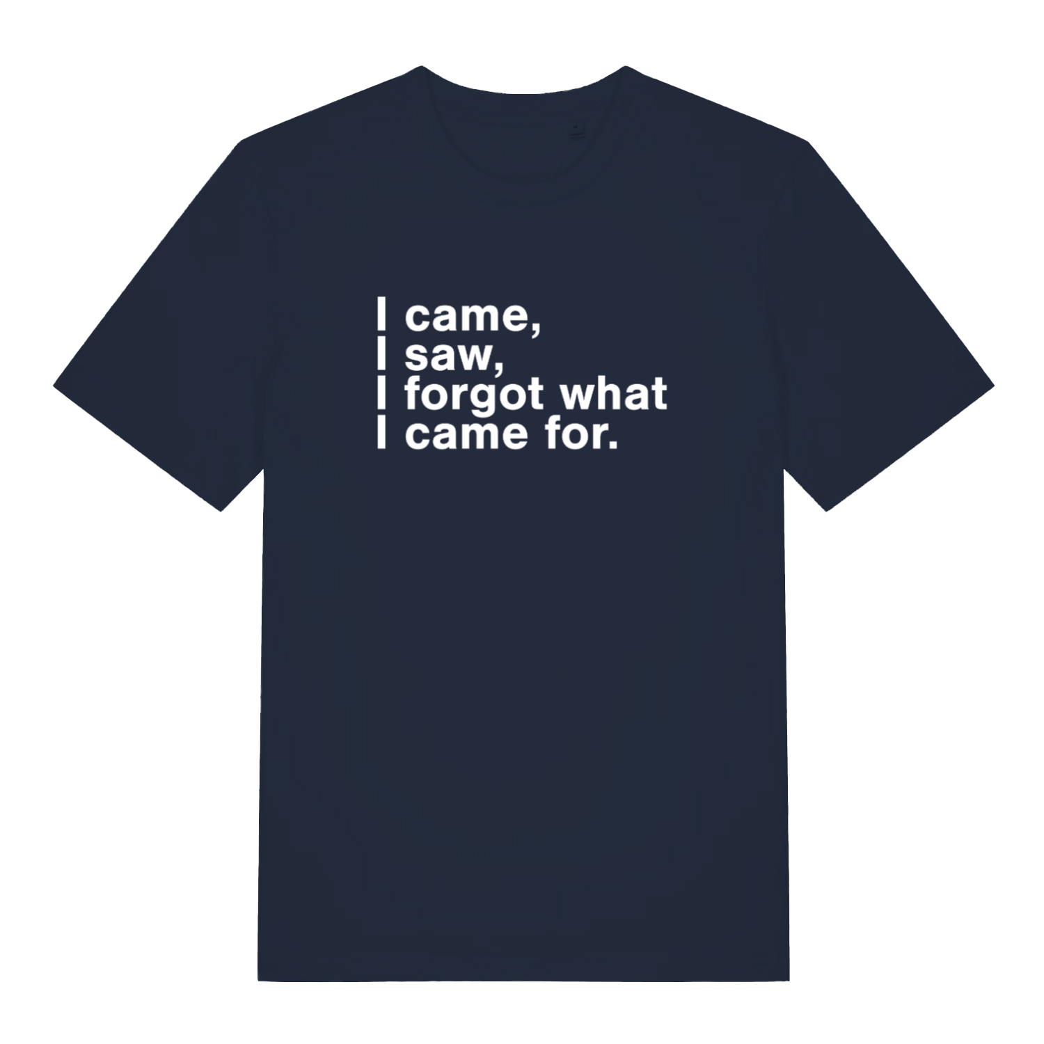 navy funny slogan t-shirt with the text 'i came, i saw, i forgot what i came for'