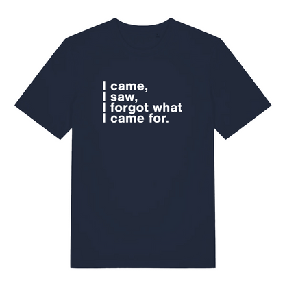 navy funny slogan t-shirt with the text 'i came, i saw, i forgot what i came for'