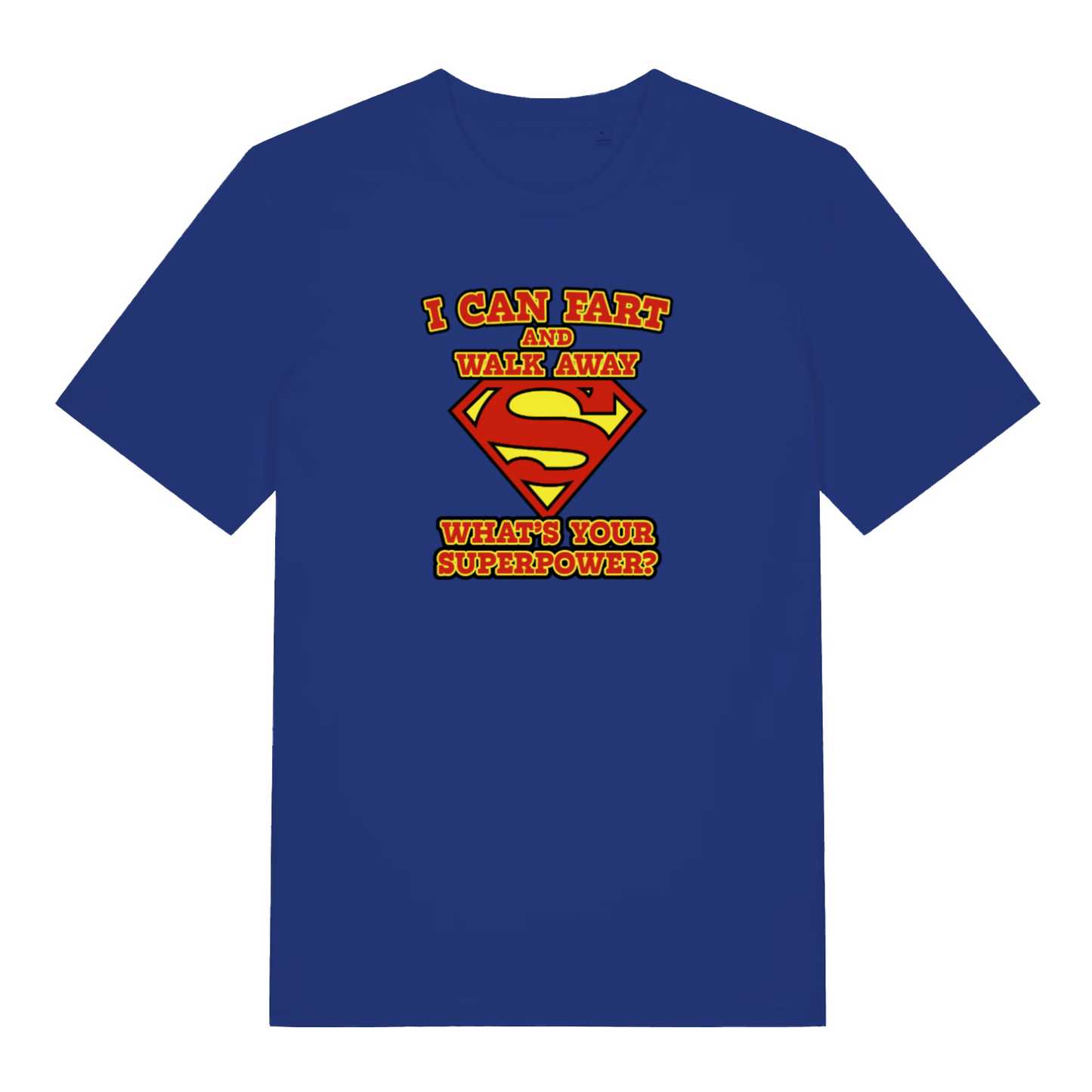 blue funny dad t-shirt with a superman logo and the slogan 'i can fart and walk away what's your superpower?'