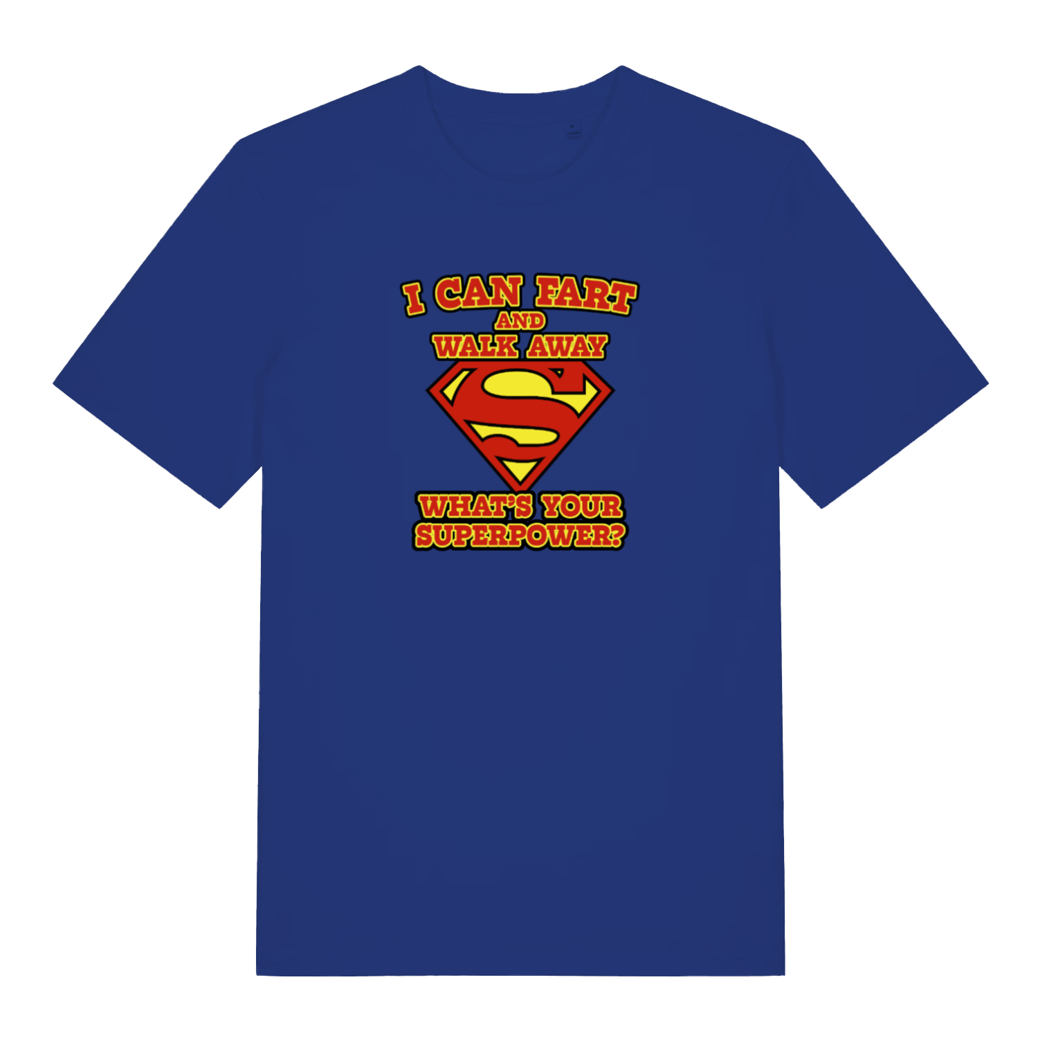 blue funny dad t-shirt with a superman logo and the slogan 'i can fart and walk away what's your superpower?'