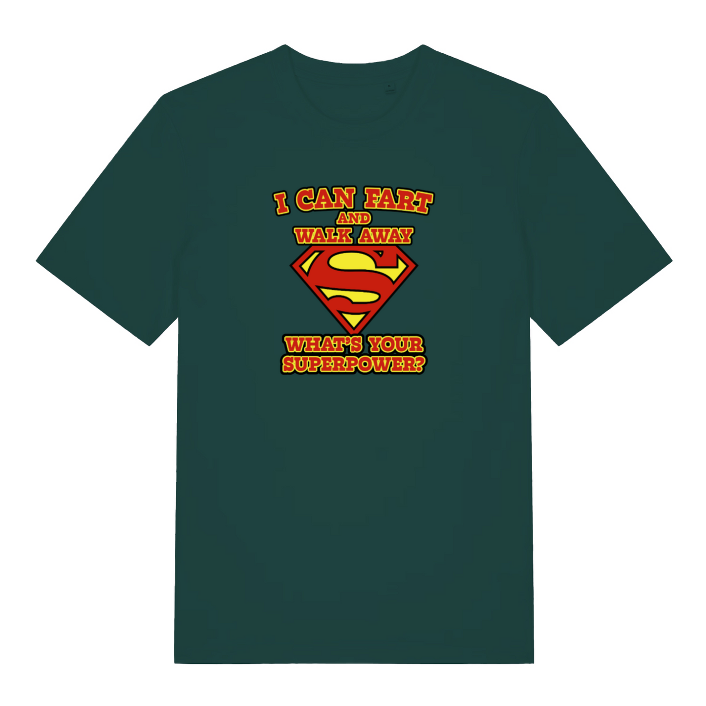 green funny dad t-shirt with a superman logo and the slogan 'i can fart and walk away what's your superpower?'