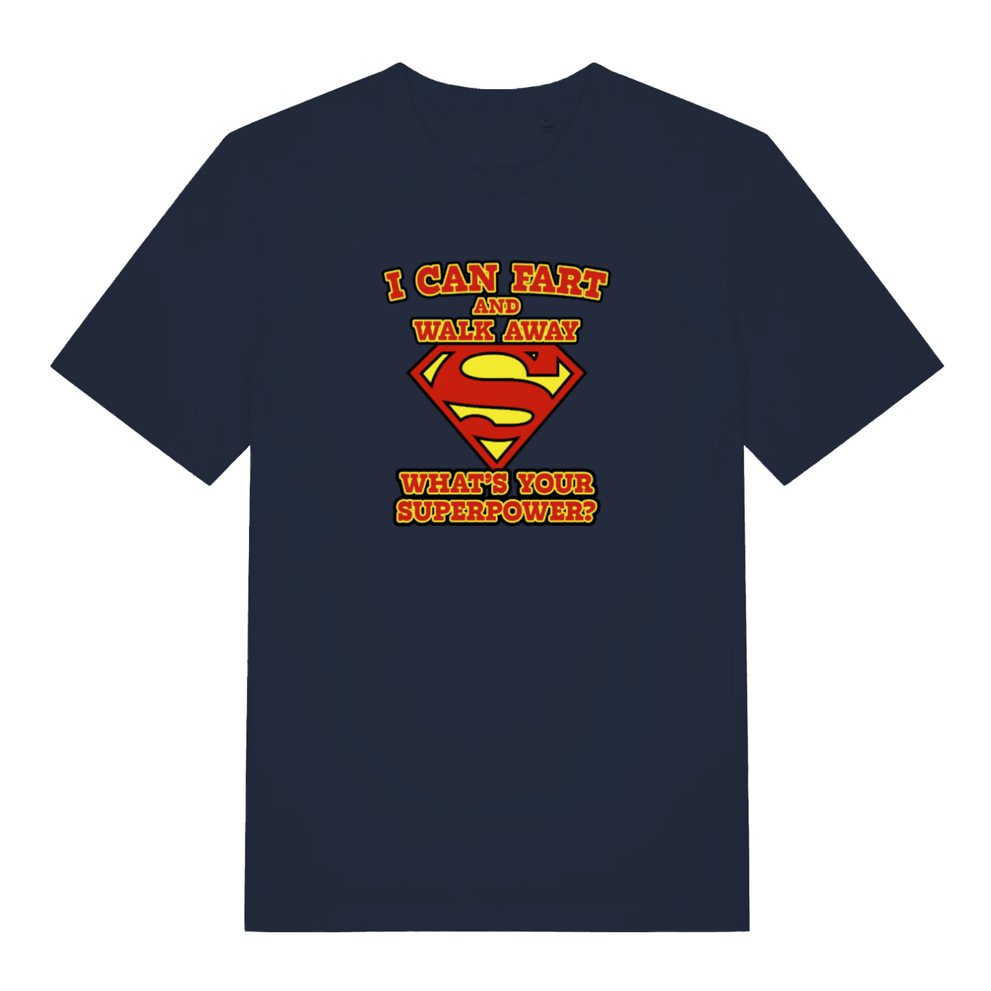 navy funny dad t-shirt with a superman logo and the slogan 'i can fart and walk away what's your superpower?'