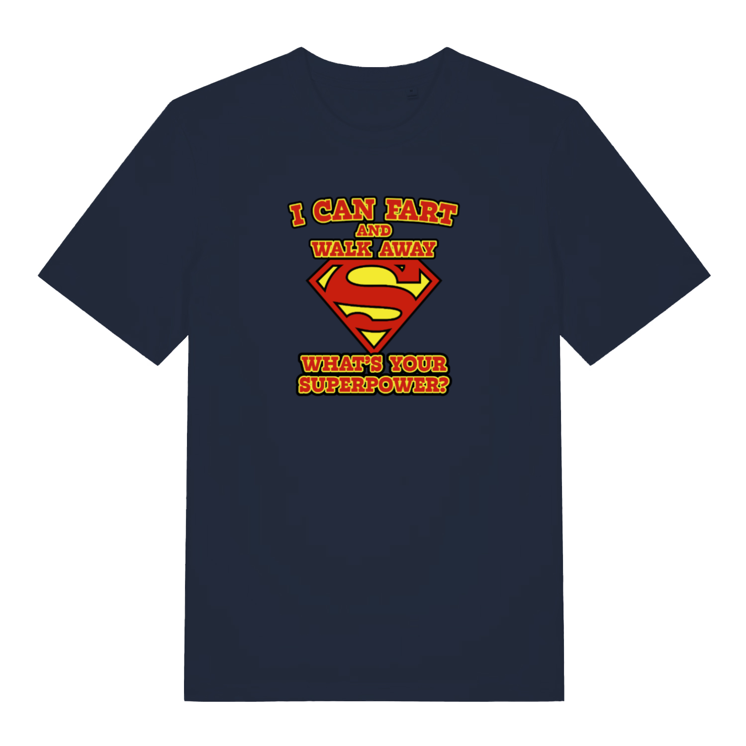 navy funny dad t-shirt with a superman logo and the slogan 'i can fart and walk away what's your superpower?'